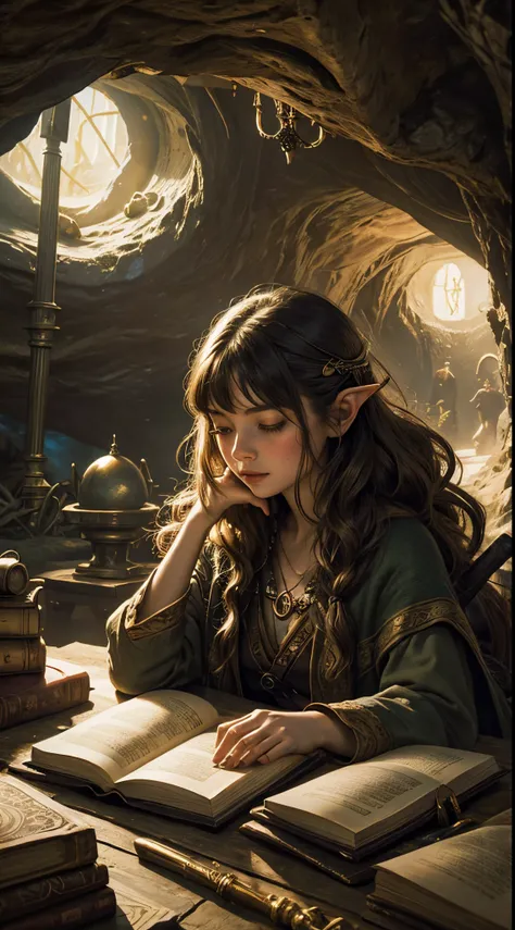 "Oil painting, ((dreamy)) girl reading ancient books, warm light ((inside a mystical hobbit cave)), magical atmosphere, whimsical clock, enchanting, cozy, detailed"