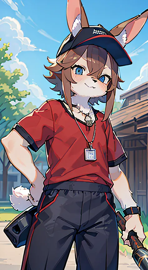 ((masterpiece, best quality)), furry, (rabbit), animal ears, tail, bodyfur, (1boy), (male), brown_hair, (short_hair), blue_eyes, devious grin, (black baseball cap), dog tag, (red shirt), short_sleeves, (black pants), outdoors, (rabbit_ears), (holding an al...