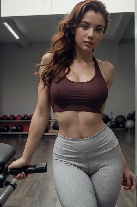 Beautiful young woman, similar to Marilyn Monroe, but fire red wavy hair, in sports leggings with sports bra, casual style, working out in the gym, high detail, grey atmosphere with enough light, hyper-realistic photography, cinematic quality, high detail