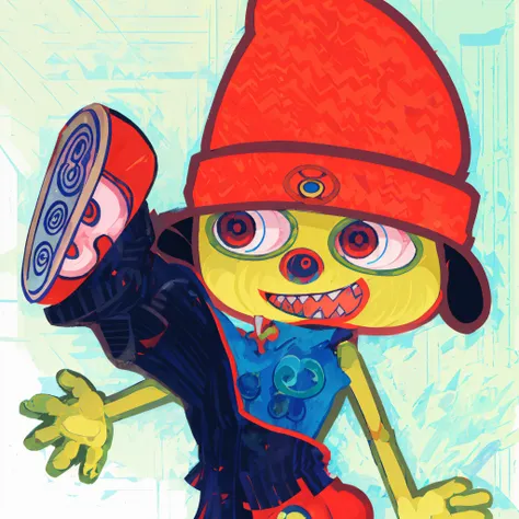 personaje de dibujos animados con un sombrero rojo, camisa azul y zapatos rojos, Grogu, derpibooru, Imagen de anime de Safebooru, Imagen de anime de Gelbooru, Arte Oficial, Arte promocional, Personaje Toonix, pog, Mascota japonesa, 1 9 8 0 s childrens show...