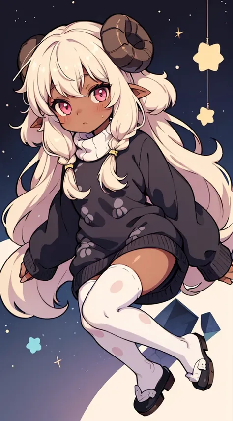 (sheep girl:1), (sheep horn:1), 1female, dark-skinned female, kemonomimi, fluffy sweaterdress, black and white clothing, fluff l...