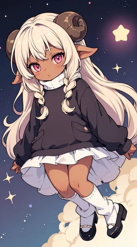 (sheep girl:1), (sheep horn:1), 1female, dark-skinned female, kemonomimi, fluffy sweaterdress, black and white clothing, fluff l...