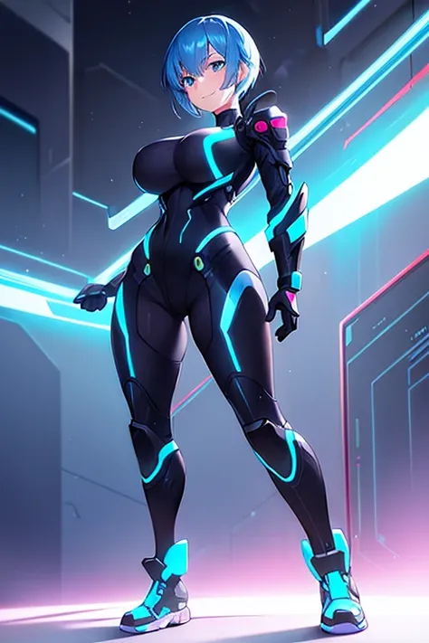 1girl, breasts, large breasts, blue hair, very short hair, pixie cut, bodysuit, black bodysuit, blue trim, science-fiction, futuristic, tech, neon trim, neon, smile, full body, sneakers, shoes, ((full body))