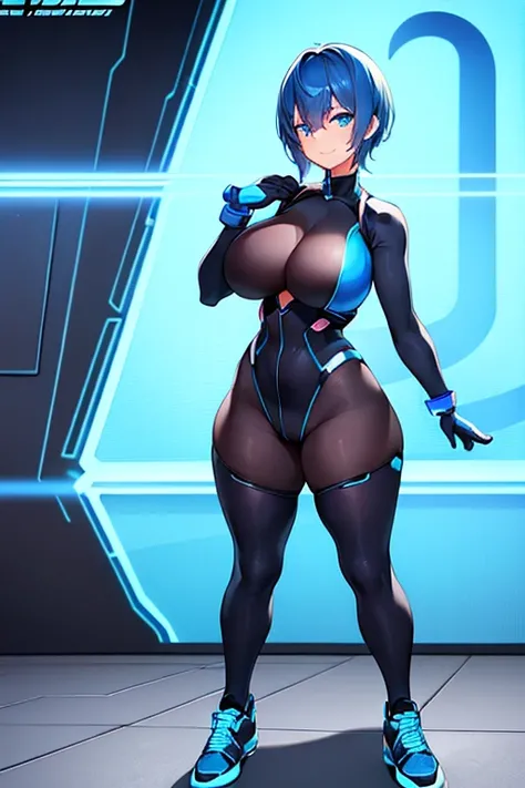 1girl, breasts, large breasts, blue hair, very short hair, pixie cut, bodysuit, black bodysuit, blue trim, science-fiction, futuristic, tech, neon trim, neon, smile, full body, sneakers, shoes, ((full body)), pantyhose