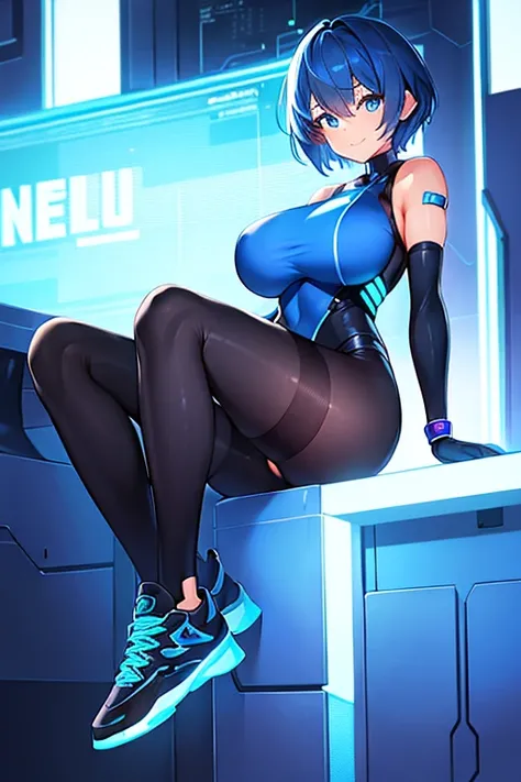 1girl, breasts, large breasts, blue hair, very short hair, pixie cut, bodysuit, black bodysuit, blue trim, science-fiction, futuristic, tech, neon trim, neon, smile, full body, sneakers, shoes, ((full body)), pantyhose