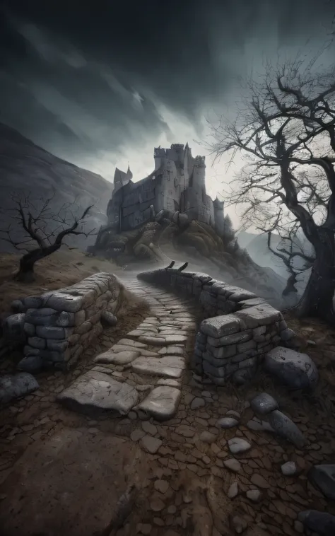 (masterpiece, best quality, high res), a stone path leading to a castle on a hill, scarry castle. mystical, medieval dark fantasy, dark ruins landscape, dark castle setting, evil atmosphere, gloomy background, trees, stones, crows, mountains, detailed, rea...