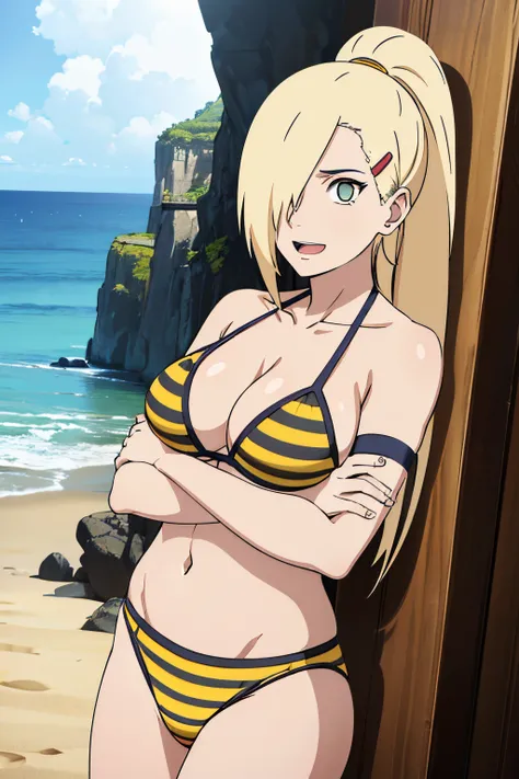 Ino yamanaka, cowboy shot, ultra detailed face, sunny day, day time, upper body view, anime style, solo, (yellow bikini with black stripes only), detailed beach side, cleavage, medium breasts, blonde, ((one eye covered with hair, hair over eye)), looking a...