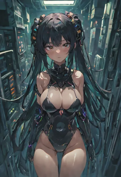 cyberpunk sex slave, asian, long black hair