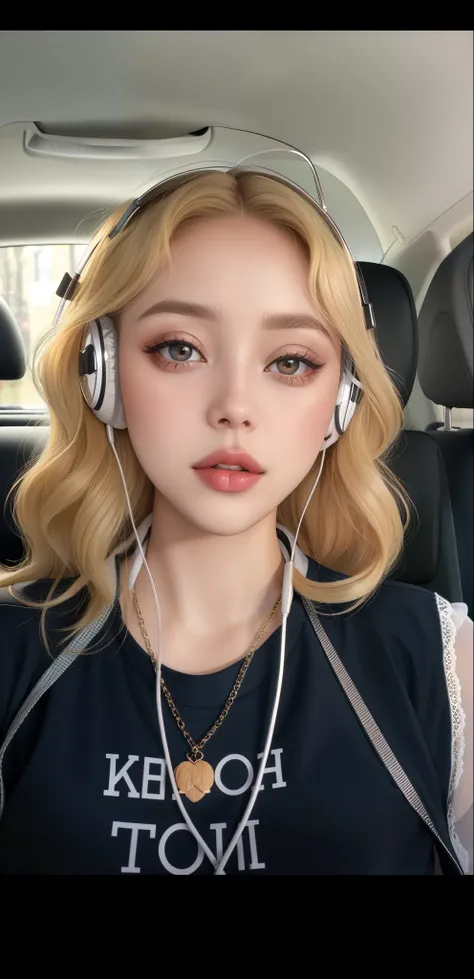 Blonde woman with headphones in the car with a funny expression on her face., labios carnosos, con mejillas redondas, Alexandra Waliszewska, Retrato Sophie Mudd, Cara sudorosa, Cara como Ester Exposito, cara de puchero, Pucheros, lengua fuera, labios grues...