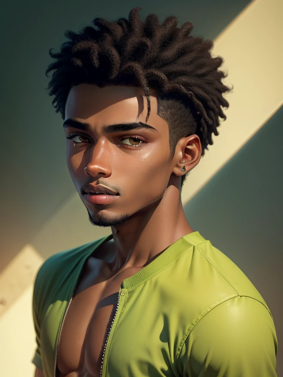 illustration with young boy, Cabelos Cacheados, Black skin, olhos verdes, with fleshy lips, Delicate facial features, (1 Jovem Homem de 20 Anos)