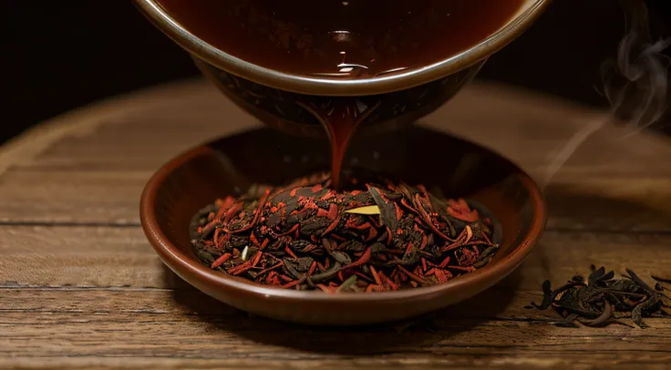 Imagem de (((Red tea (Pu-erh)))), sendo colocado em um copo, com uma chaleira fumando, showing some ingredients of what it is made of, I really want clarity with every possible detail in this image.