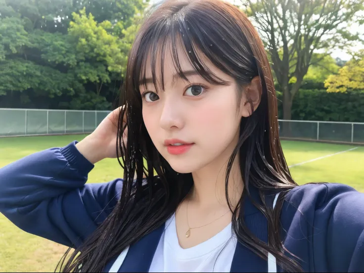 Close up portrait of a woman walking in a park in school gym clothes、Identical twin sisters、Japan Person Model、Young gravure idols、Young cute gravure idol、Realistic Young Gravure Idol、Realistic gravure idol、Young gravure idols、sophisticated gravure idol、奈良...