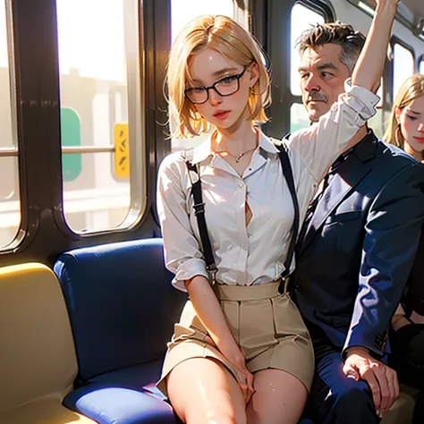 (Masterpiece, best quality, illustration). (Passenger crowded the train:1.2, night time, low lights, dim lights, extreme high details, overwhelming crowd). (1 girl wearing white silk open shirt, loose short skirt, glasses, black suspenders stockings, ash b...