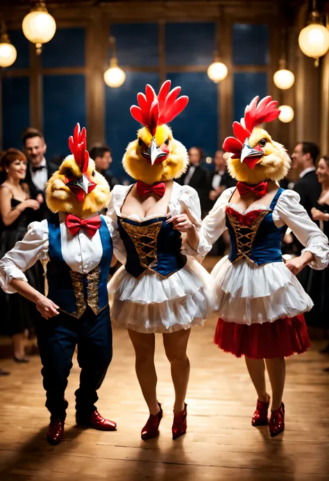 Three French Hens with their evening costumes, are on the dance floor and heat up the atmosphere