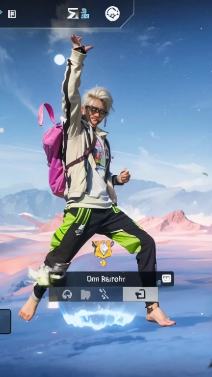 The male character has white hair, Wearing glasses wears a jacket, carries a pink rabbit bag, wears trousers and doesnt wear shoes