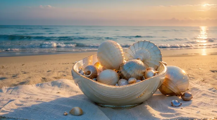 (best quality,4k,highres),dreamy depiction,seashells,soft whispers,ocean breeze,tide ebbs and flows,textured shells,pearlescent shine,delicate details,calm and serene,beach sunset,ethereal glow,warm golden tones,gentle waves,magical atmosphere,seaside tran...