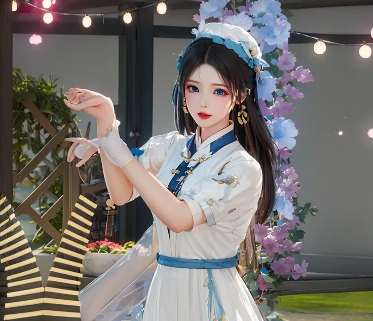 there is a woman in a white dress and a blue and white dress, inspired by Sim Sa-jeong, full body xianxia, trending at cgstation, fashion gameplay screenshot, inspired by Pu Hua, trending on cgstation, maid outfit, 8 k character details, azur lane style, l...