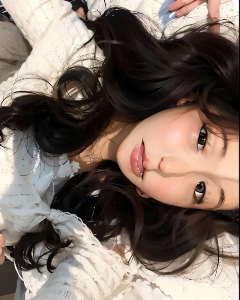 Hay una mujer acostada en una cama con una camisa blanca, ulzzang, Beautiful aesthetic face, Labios claros y de alta calidad, Cara linda clara, Cara delicada y encantadora, cara muy bonita, Sakimichan, maquillaje suave, chica linda-fina-cara, aesthetic fac...