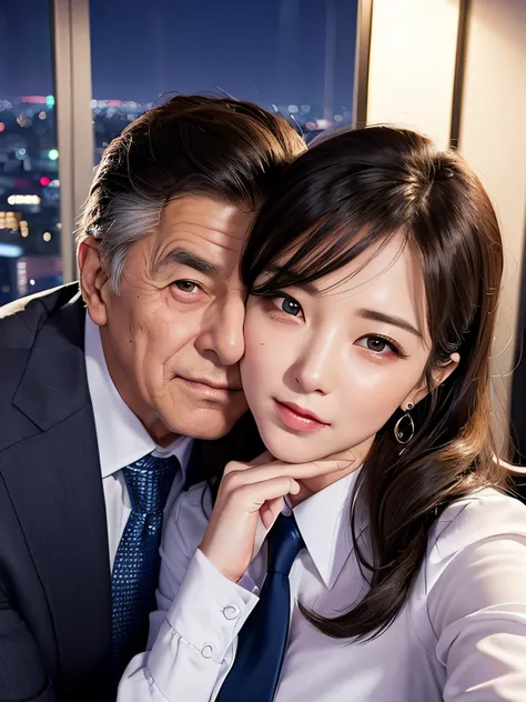 Beautiful woman wearing an office lady suit、(Kissing a beautiful older man in a suit:1.1)、(In an empty office)、(A detailed face:1.5)、The background is a window with a view of a skyscraper、(Night:1.6)