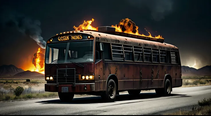 scp-3583, from scp lore, a schoolbus which displays multiple anomalous properties, driving through an hellish landscape, con muc...