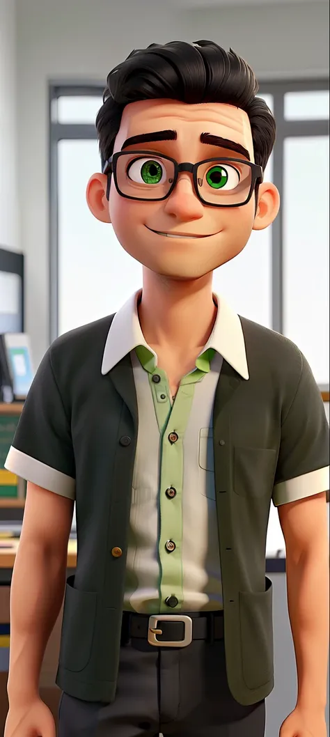 A young physics teacher, cabelo dourado, olhos verdes, cor da pele branca, wears glasses and his shirt is black.