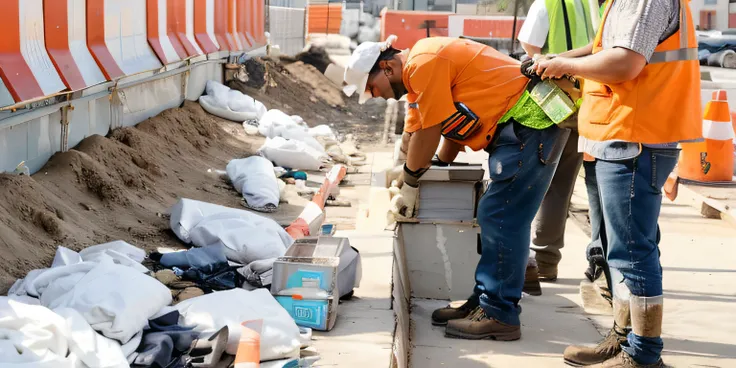 workers are working on a construction project on a street, construction, correct details, workers, perfect detail, people at work, closeup photograph, professional work, cover shot, working hard, heavy line work, many details, promo image, blocking the sun...