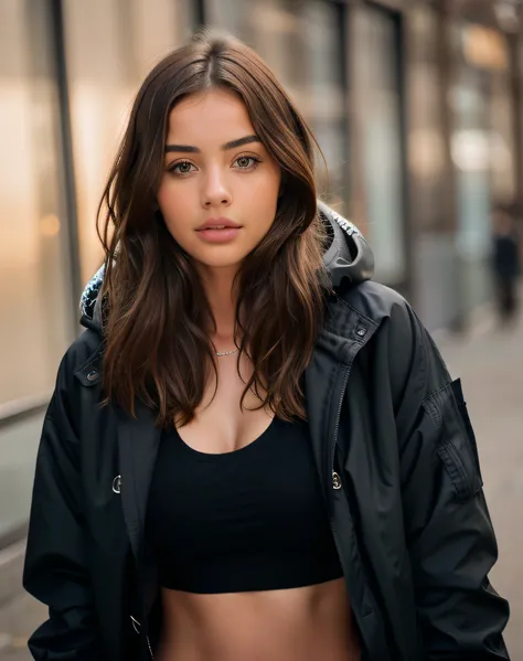 arafed woman with long hair and a jacket looking at the camera, a character portrait by Tobias Stimmer, shutterstock, photorealism, portrait of ana de armas, ana de armas portrait, backlit shot girl in parka, 50mm portrait, photo of a beautiful woman, port...