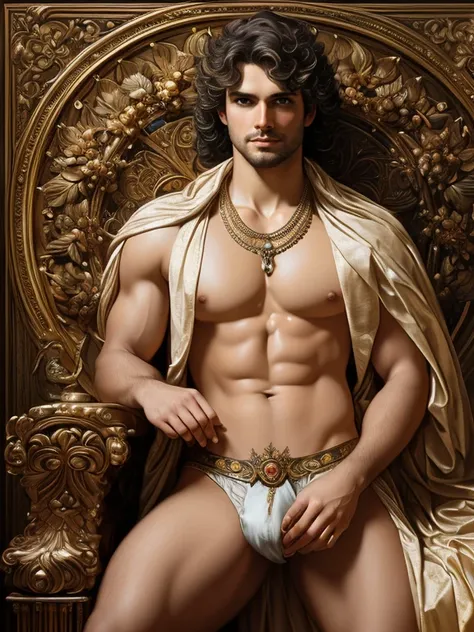 Portrait, oil painting, full body, ((18th century British Male king)), tousled hair, handsome, man adorned in opulent regalia with a crown, Shirtless, ((briefs, big Bulge)), hairy, delicate satin, set against a richly ornate background, the scene is lit wi...