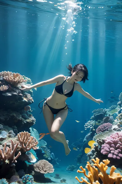 (Best quality, 8k, 32k, Masterpiece, UHD:1.2) "Generate an art scene depicting a Japanese girl model with short black hair in a chic bob hairstyle, clad in a swimsuit, scuba-diving and exploring the underwater world. Show her gracefully swimming amidst vib...