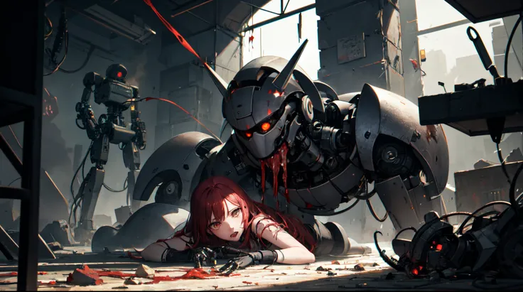 zombie young girl, furiously and greedily tearing the robot&#39;s flesh, tearing it into pieces, stripping the robot&#39;s body parts. postapocalypse.