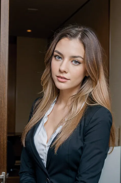 Generate professional business style picture of a brunette, the stunning sales leader, in her mid-20s, approximately 54" tall, with long, straight black streaked hair gracefully falling on her shoulders. possesses expressive blue eyes, and radiates charism...