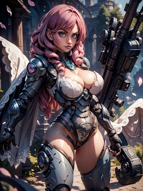 absurdres, intricate details, masterpiece, best quality, high resolution, 8k, 1girl, (lac34rmor, lace power armor, huge weapon:1.2), cape, looking at viewer, fighting stance, angry, 1girl, (detailed face, grey eyes, pink hair, eye reflection, blue necklace...