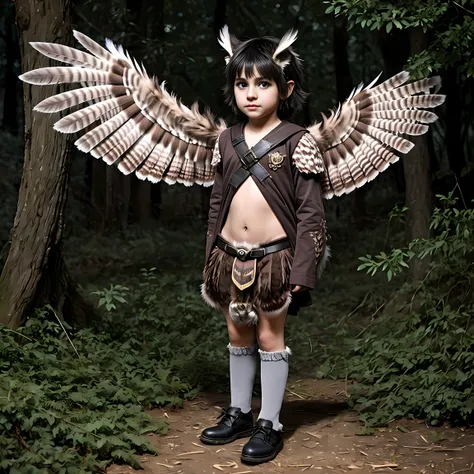 Create a hybrid child with owl half child with owl traits and feathers for a DND RPG with owl wings and owl eyes