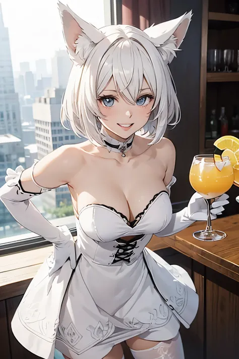 masutepiece　high-level image quality　Top image quality　8K　 Lady（Soio）　Portrait　white long glovelan gloves））　white panty hose（（blanche））　cocktail dress（（Tube Top）blanche））　Wolf ears　shorth hair（（short-cut）（White hair）（perm）（fluffly））　Eye color is blue　A smi...