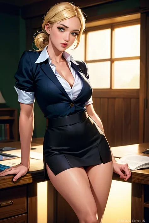 masutepiece, Beautuful Women, jessicaalba, (Fantasy Library Background), (Tight business shirt), (Very short skirt), (Stockings), Poaceae thorax), Perfect body, Blonde hair, Hair tied in a loose bun, Legs, (Skin Texture:1.1), Best Quality, 超A high resoluti...