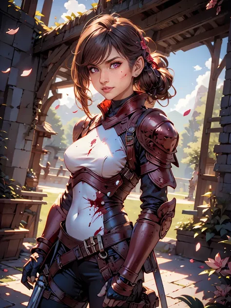 The most beautiful and sexy ninja warrior princess, brown hair, pink eyes, wearing highly detailed white battle armor, tons of tattoos and piercings, blood splattered, cherry blossoms blowing in the wind, highly detailed background, perfect masterpiece, hi...