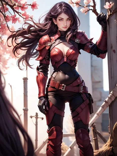 The most beautiful and sexy ninja warrior princess, brown hair, pink eyes, wearing highly detailed white battle armor, tons of tattoos and piercings, blood splattered, cherry blossoms blowing in the wind, highly detailed background, perfect masterpiece, hi...