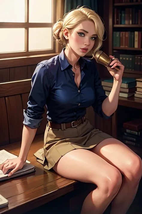 masutepiece, Beautuful Women, Jennifer Lawrence, (Fantasy Library Background), (Tight business shirt), (Very short skirt), (Stockings), Poaceae thorax), Perfect body, Blonde hair, Hair tied in a loose bun, Legs, (Skin Texture:1.1), Best Quality, 超A high re...