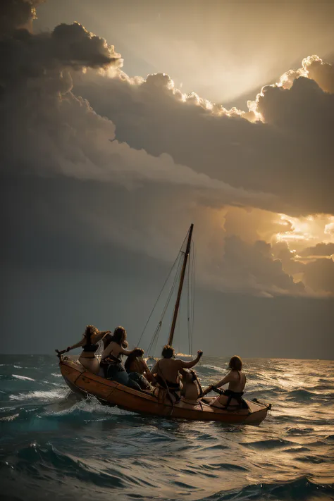 stormy sea, dramatic sky, sunset, godrays, wide angle, fashion photo with three stunning dripping wet women on a (wooden raft:1....