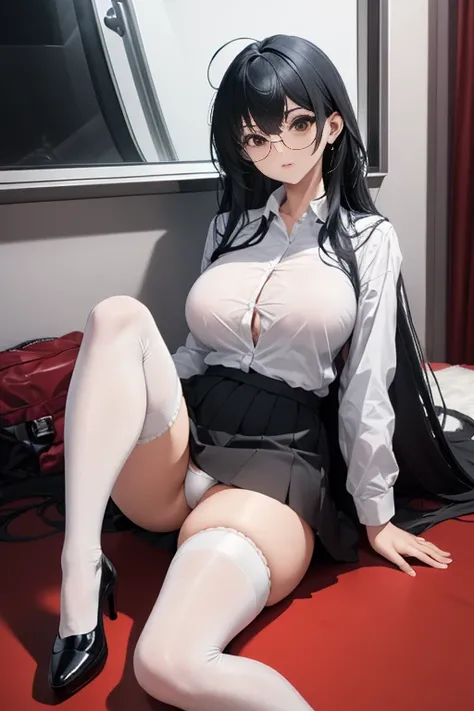 White shirt, thight, black hair, huge breasts, glasses, straight long hair, miniskirt, white panties, white thighhighs, glasses, thick thighs, long legs, high heels, black shoes, sitting, full body