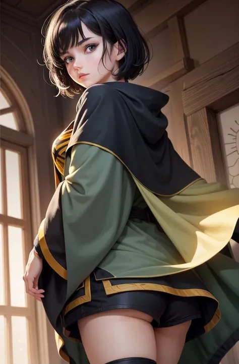 1girl, short black hair,(hufflepuff House Cloak),( inner cloak gray :1), (outer cloack black:1),blue eyes, looking at viewer, solo, face only ,light green pants, black boots(masterpiece:1.4),(best quality:1.4),red lips,parted lips, Japanase meadevil castle...