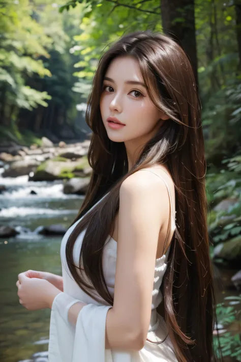 (a beautiful, sensual young woman with long, flowing brunette hair, surrounded by the breathtaking beauty of nature)