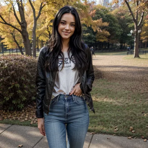 A cute model girl with long cury black hair standing on a warm autumn day in Central park wearing a jacket, jeans and boots, shes very pretty with a warm smile and detailed eyes, she looks at the viewer, XT3 grain, Realistic textures,(( Realism))  16k, hig...