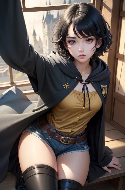 girl, short black hair,(hufflepuff House Cloak),( inner cloak gray :1), (outer cloack black:1),blue eyes, looking at viewer, solo, face only ,light green pants, black boots(masterpiece:1.4),(best quality:1.4),red lips,parted lips, Japanase meadevil castle:...