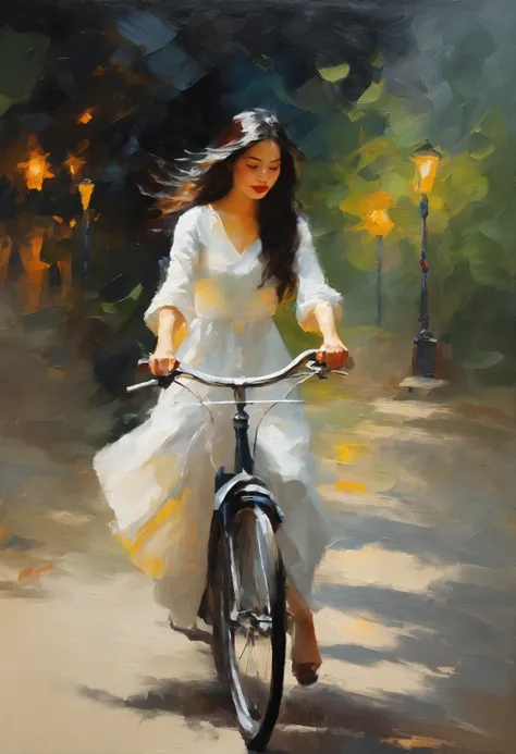 ​masterpiece、top-quality、Vietnamese young woman on a bicycle, long flowing hair, wearing a white dress, full body shot, rain, dark colours