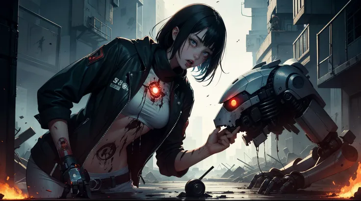 zombie young girl, furiously and greedily tearing the robot&#39;s flesh, tearing it into pieces, stripping the robot&#39;s body parts. postapocalypse.