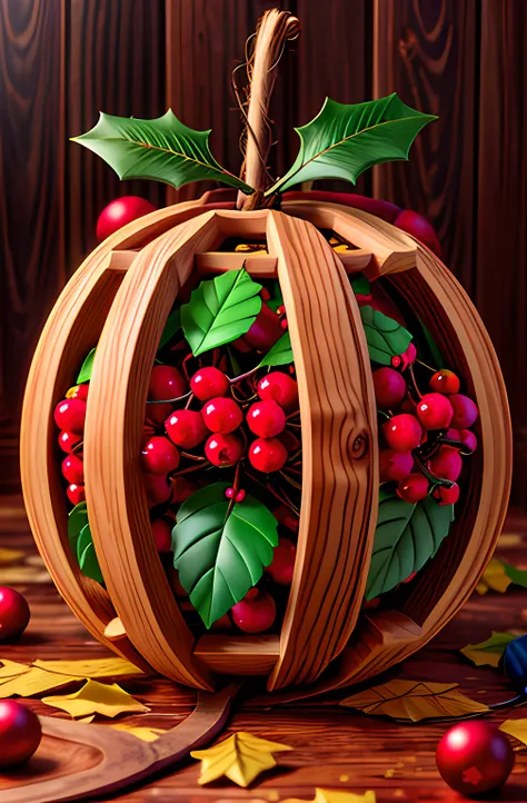 symmetrical wooden carved fruitynightmare cowberries , snow festive wood shavings, vibrant colorful wet paint, (Christmas) background octane render, unreal engine, highly detailed, intricate, highres high saturation