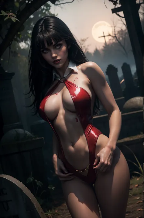 sexy vampirella wearing a deep v red swimsuit, blood splatter, nighttime in graveyard, oily shiny skin, athletic and fit body, n...