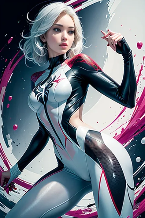 spider gwen, Hot, partial , hightquality, Dynamic Poses, Beautiful, Gorgeous, In love, White hair, Short suit, spider in a suit, white black red suit、Jennifer Lawrence