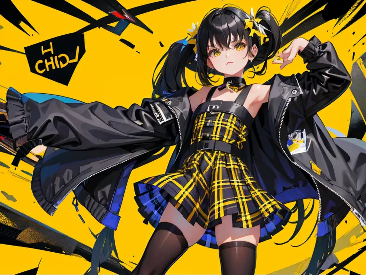 (child），（​masterpiece，Highest Quality），Black tights，（yellow and black plaid skirt），A dark-haired